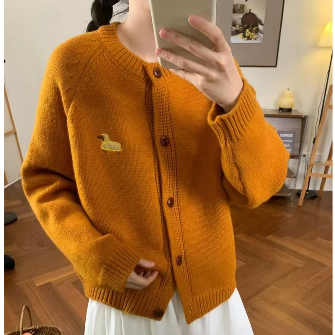 韩系小狗宽松针织开衫复古2025春秋新款显瘦潮外套357