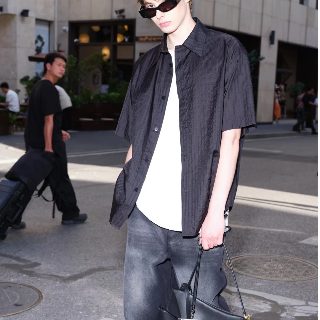 美式休闲夏季短袖褶皱纯色衬衣男百搭宽松款44140