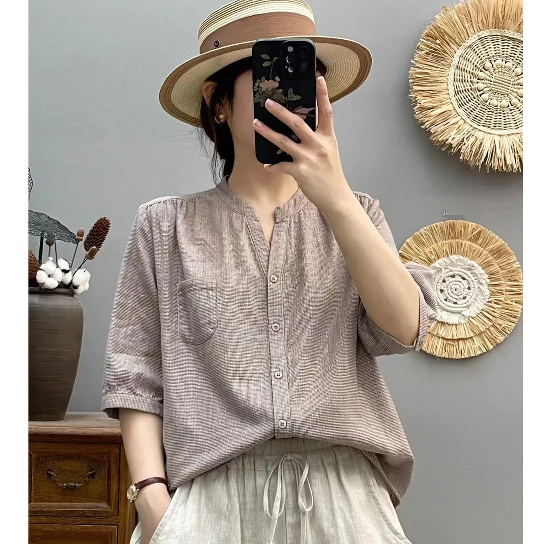 夏季新款纯棉双层棉纱千鸟格立领宽松显瘦百搭休闲棉衬衫女6533