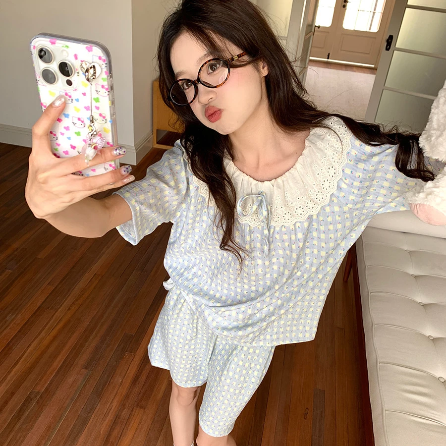2025新款可爱娃娃领碎花格子睡衣女夏季新款可外穿家居服套装