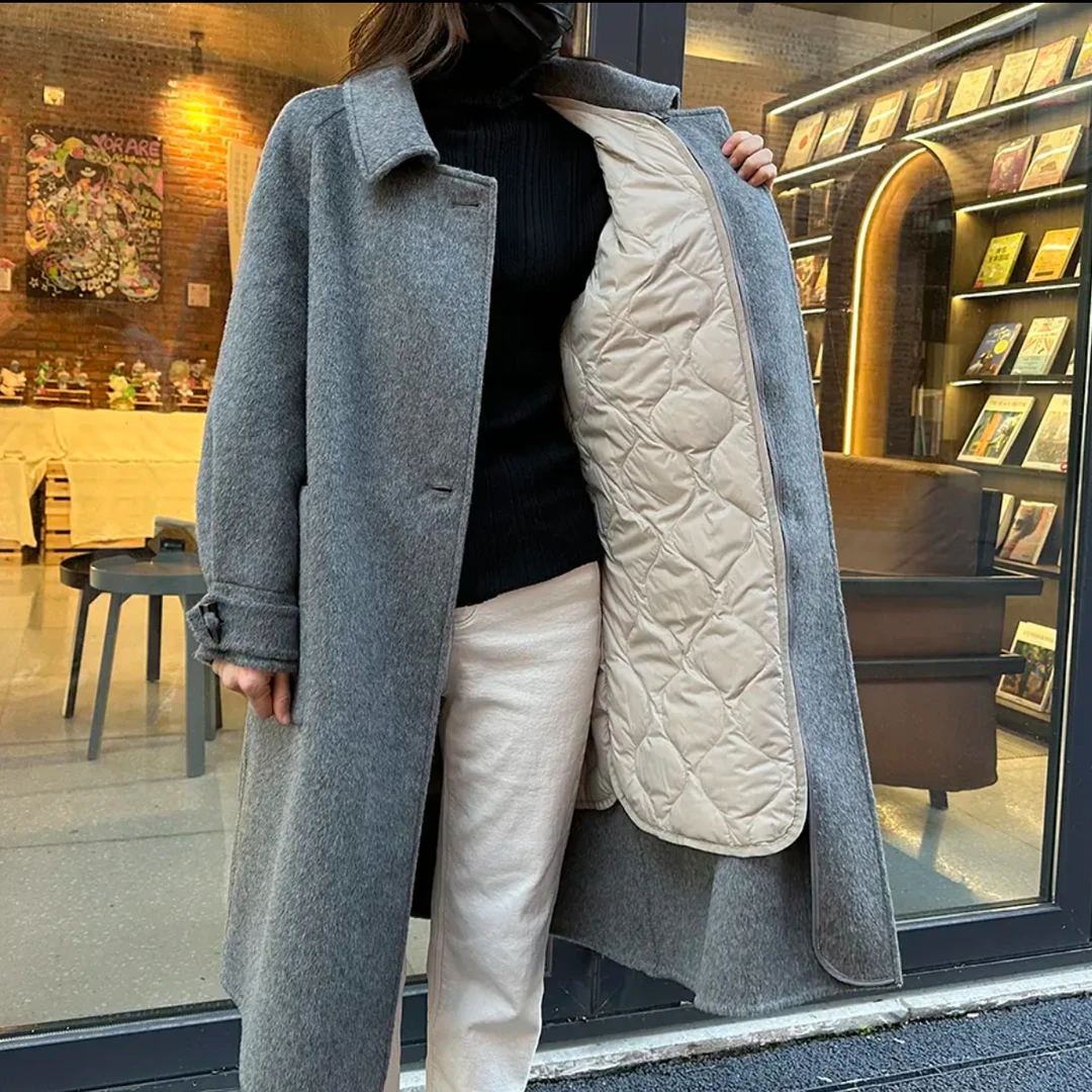 彩N642-冬简约女士长款可脱卸内胆羽绒大衣白鸭绒羊毛外套