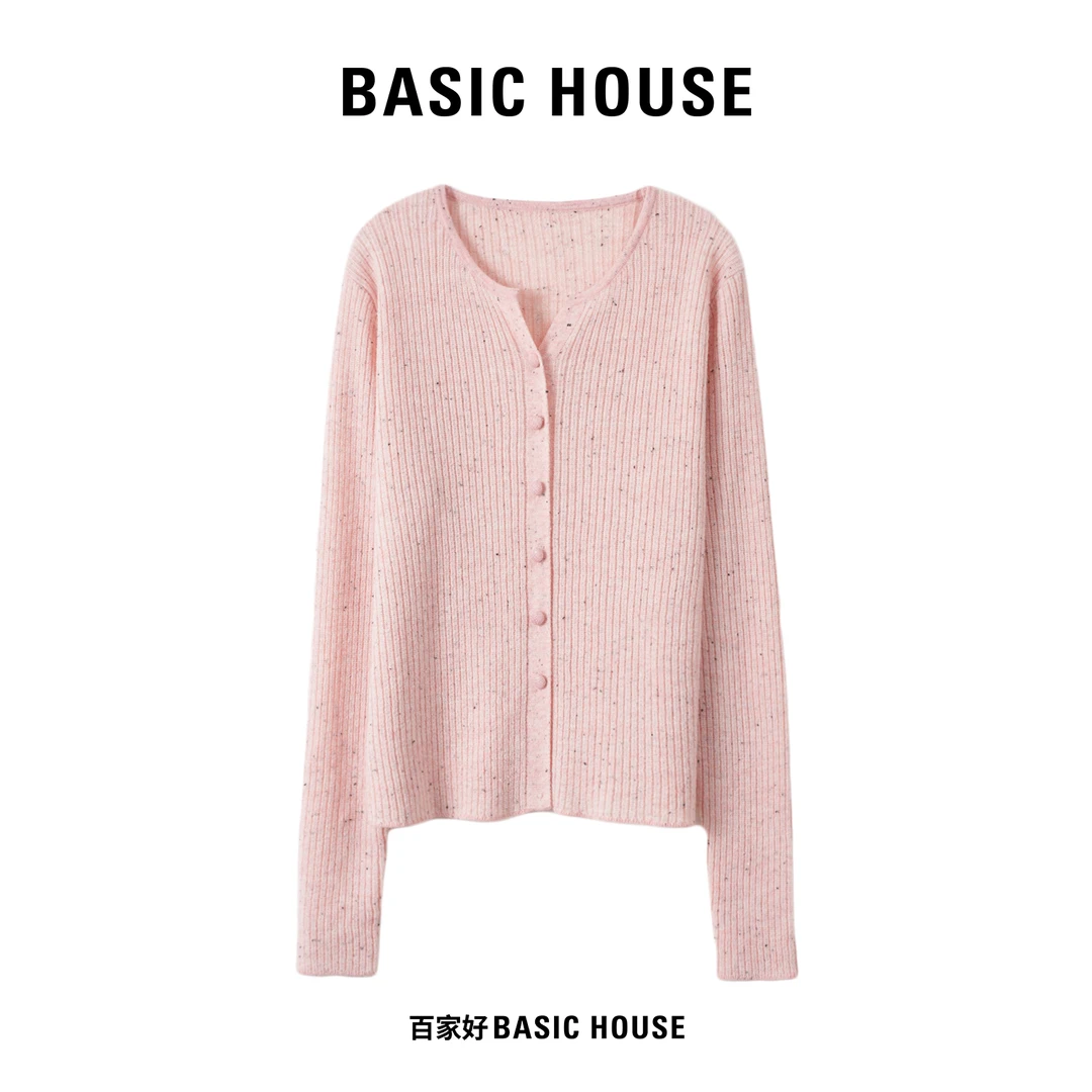 Basic House/百家好小香风长袖新款彩纱剪刀领气质针织衫A042 XX