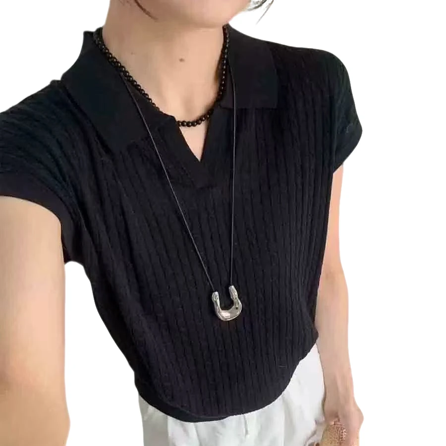 韩系翻领麻花短袖针织衫2025夏季新款女简约小众轻薄百搭上衣