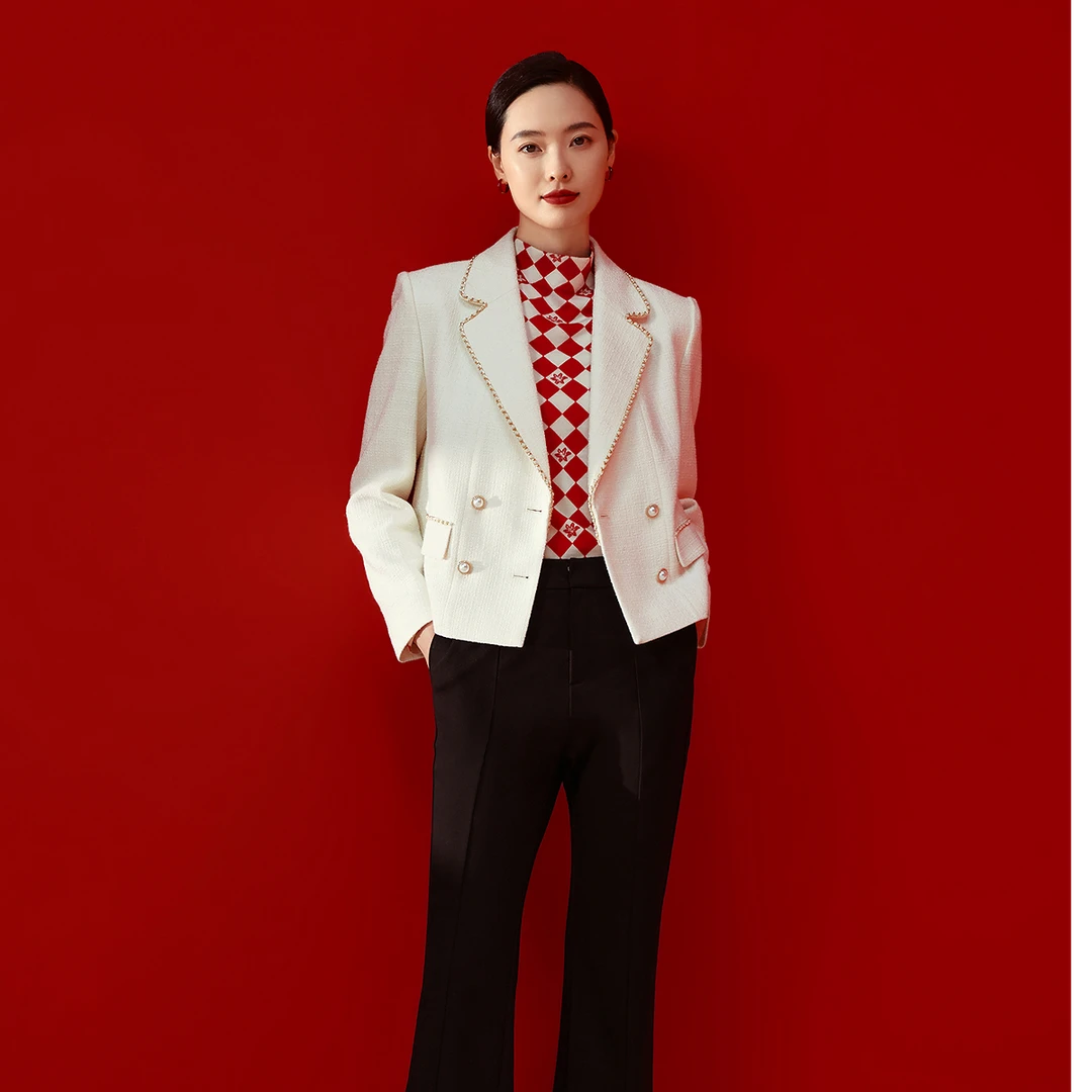 娜尔思时尚粗花呢白色短外套女2024冬季新上衣NK00692V1