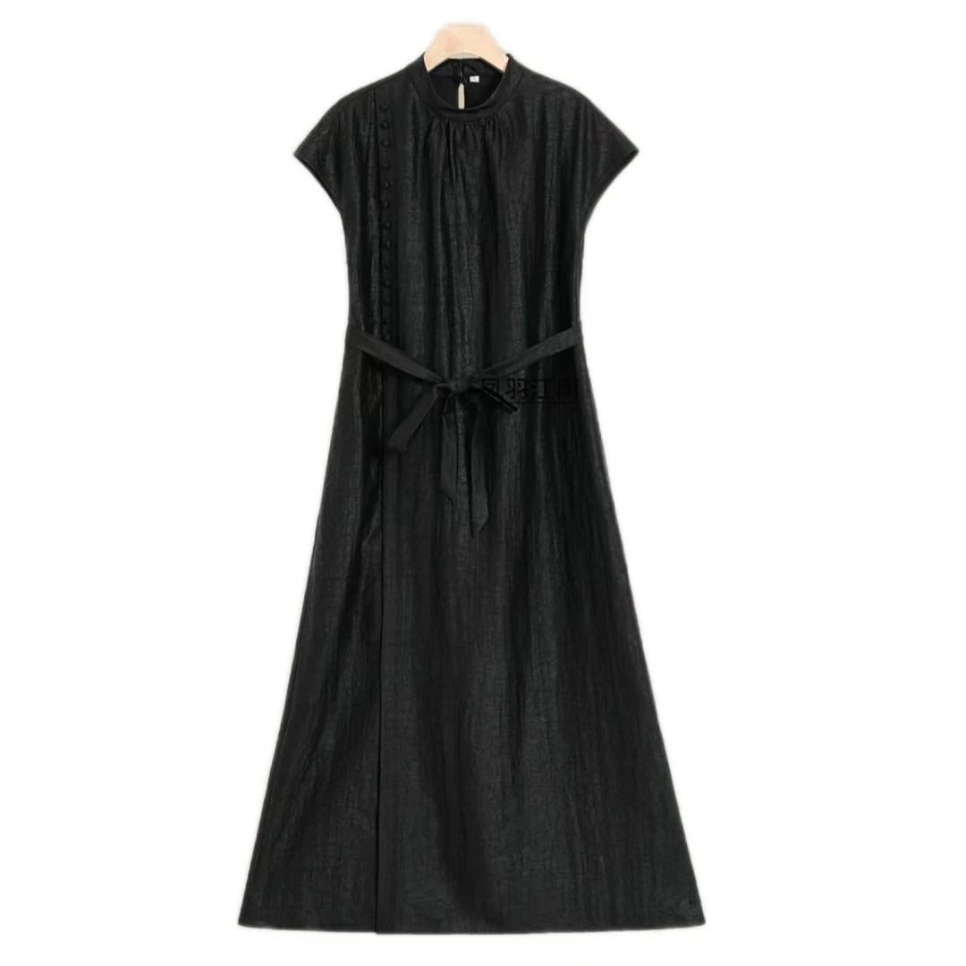 九儿家L3566桑蚕丝香云纱黑龟纹通勤旗袍连衣裙