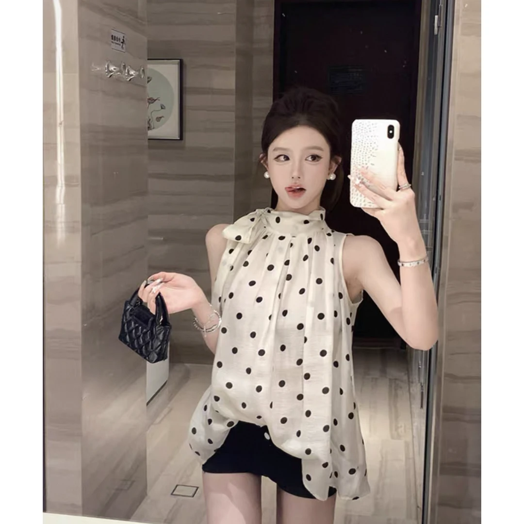 法式蝴蝶结无袖洋气背心上衣女夏季波点露肩气质衬衫宽松小众印花