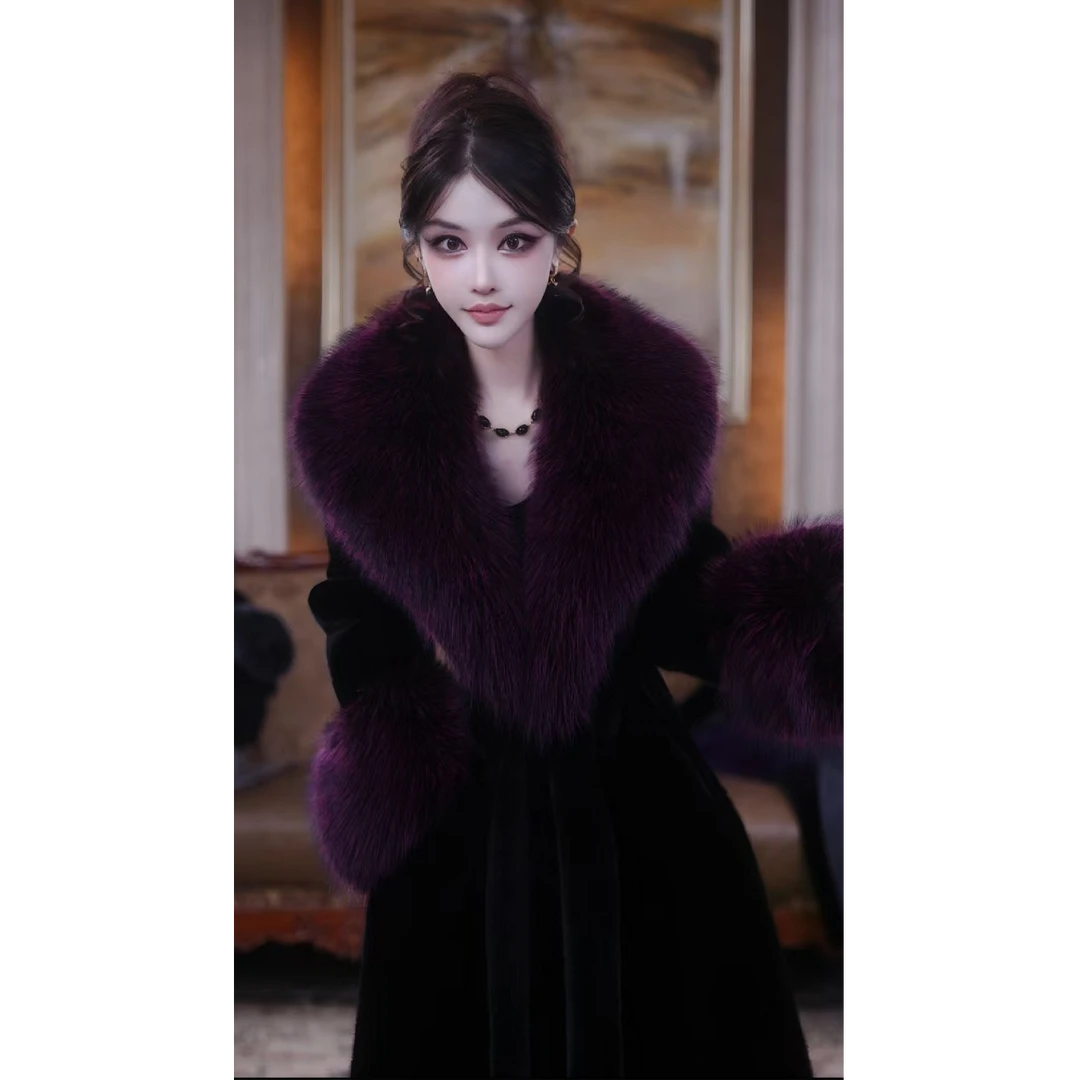 法式高奢气质秋冬新款黑色长款"修身显瘦"印尖毛领"毛毛外套MXH