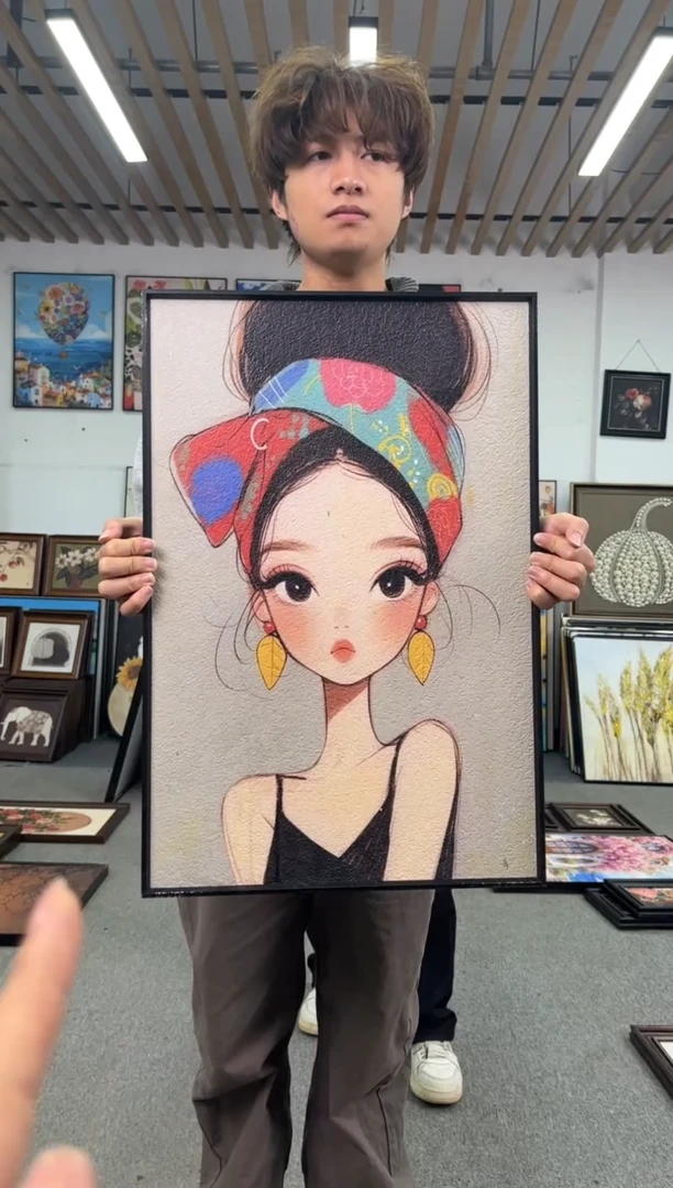 竖款头巾少女铝合金装裱40X60