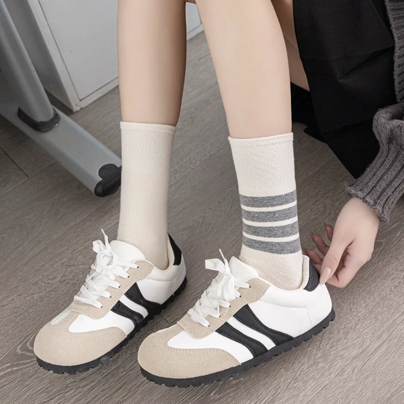 秋季新款AB面袜子女棉袜时尚百搭ins学院风四杠中长筒堆堆袜