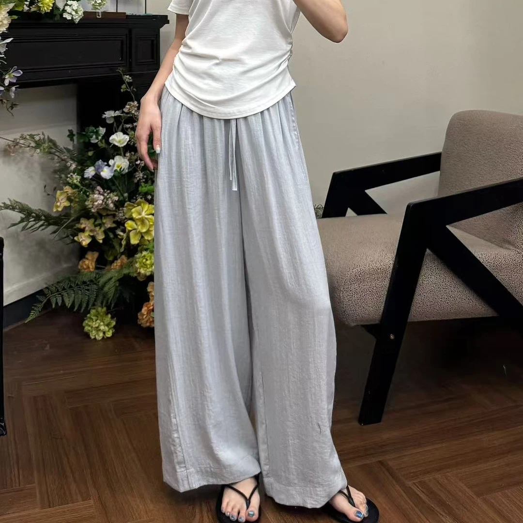 九分裤松紧腰抽绳麻料直筒垂感显瘦休闲裤#25283