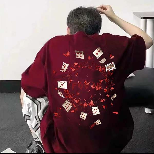 100%纯棉重磅美式高街旋涡扑克印花短袖t恤男女同款流行宽松上衣