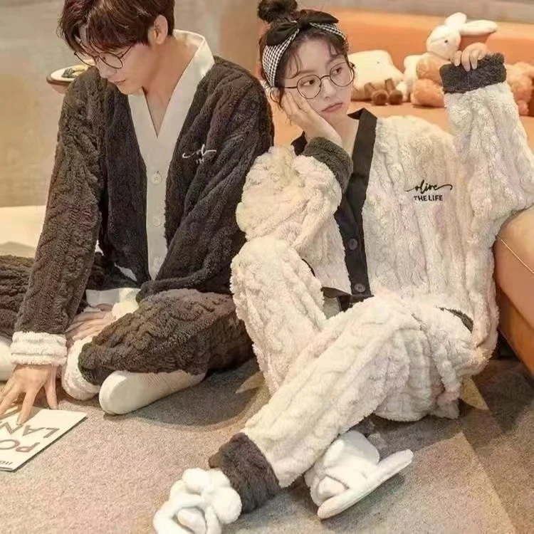 冬新款情侣睡衣加厚加绒保暖开衫套装女士法兰绒家居服