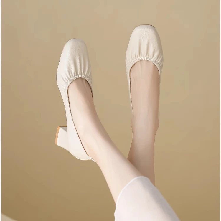 软羊皮断码清仓真皮浅口单鞋女2025春秋新款仙女风方头粗跟奶奶鞋