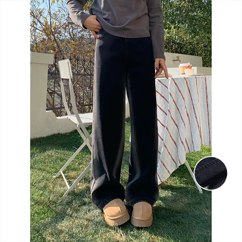 裂渡宣宣【修容裤】复古渐变直筒裤女冬加绒显瘦修容牛仔裤ZY511V23