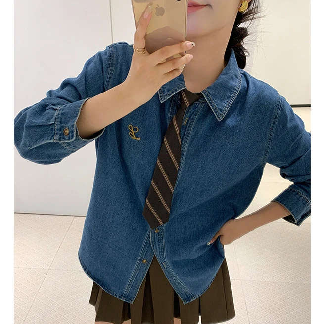 QC柚柚微胖港风复古牛仔衬衫女春秋季宽松衬衣外套上衣407D54