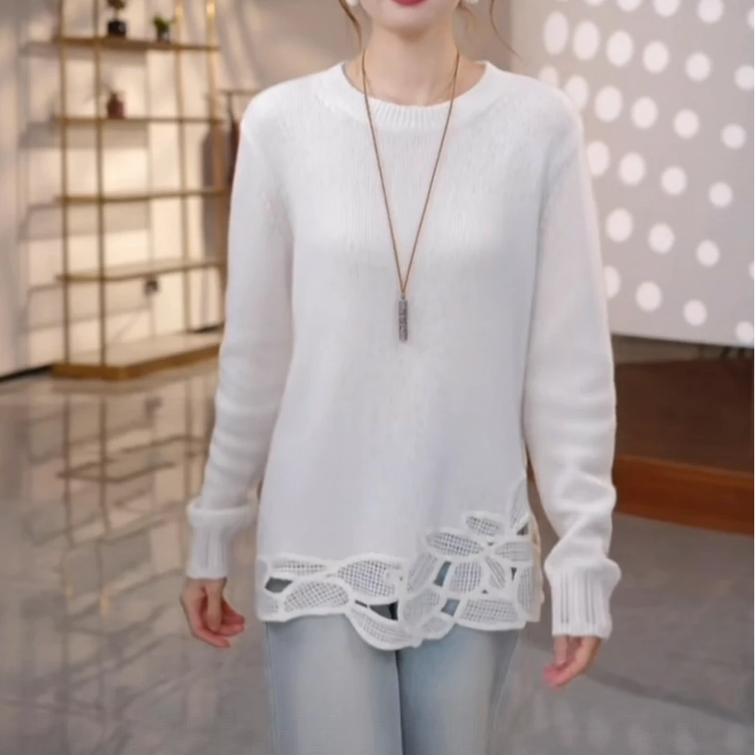 设计感法式气质绝美蕾丝拼接白色针织毛衣秋冬宽松显瘦可内搭上衣