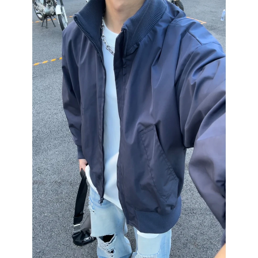 藏青色美式bomber飞行员夹克外套男款秋季廓形短款复古高街棒球服
