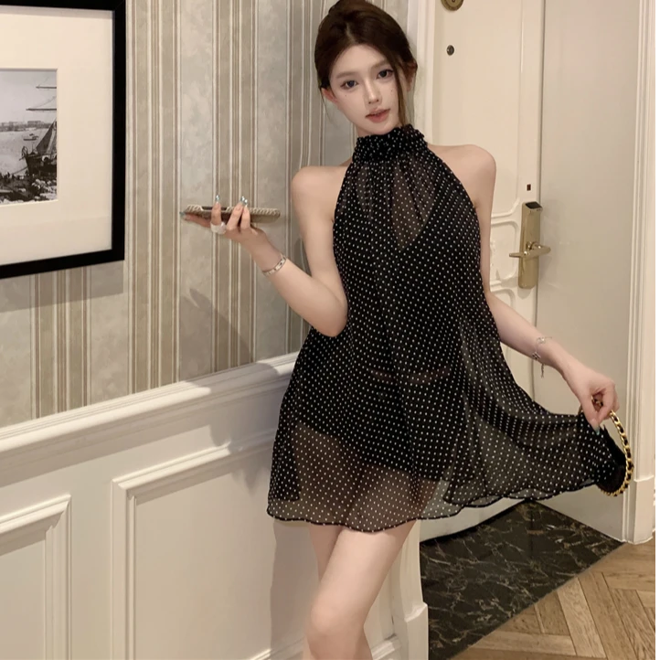 辣妹性感透视无袖挂脖背心飘带宽松气质内搭波点套头雪纺罩衫上衣