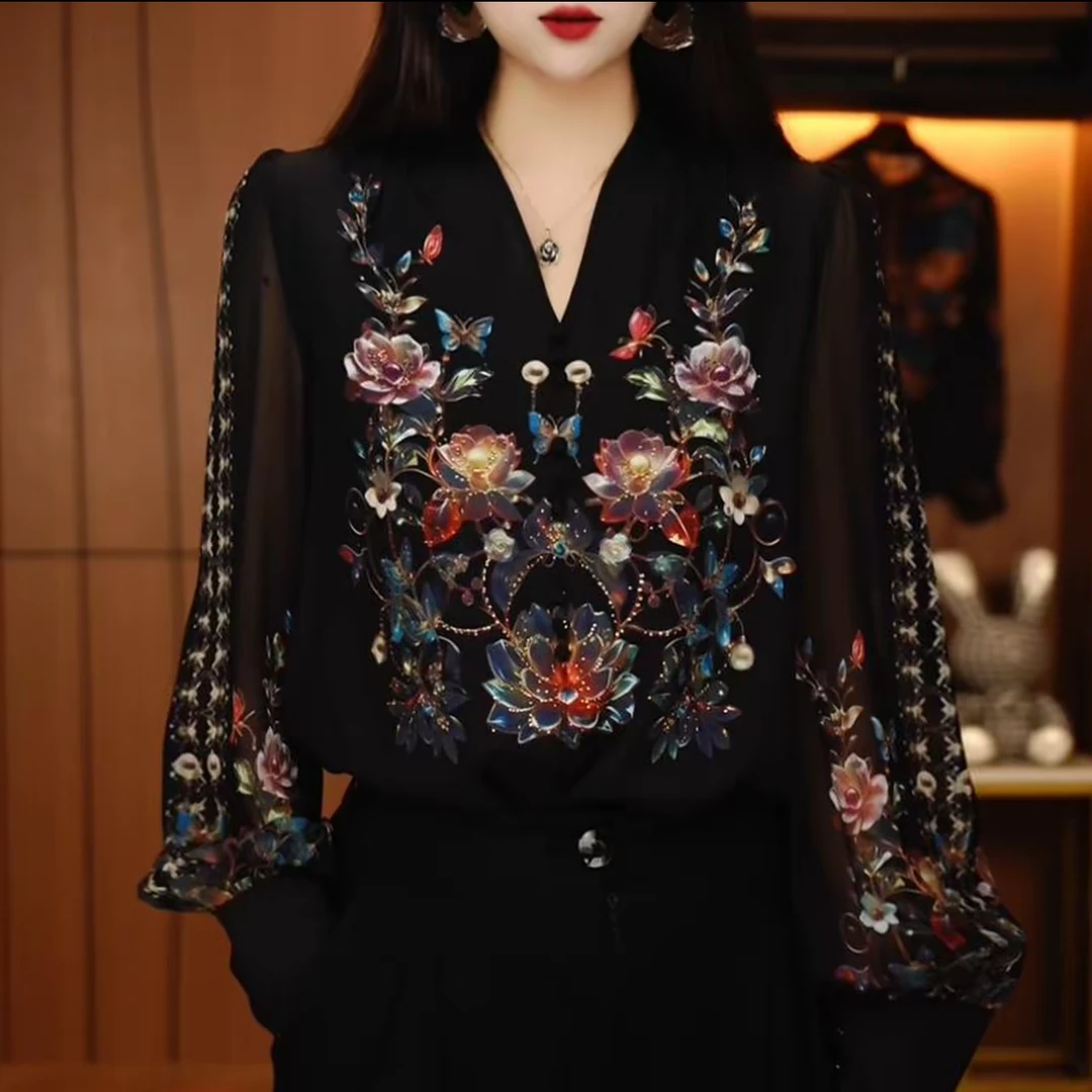 【现货现发】新款琉璃双皱丝洋气时尚百搭休闲气质女士印花小衫显