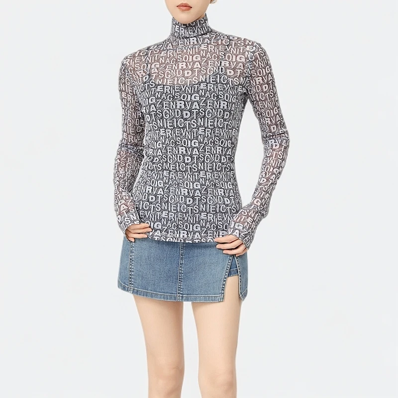 GIRDEAR/哥弟新款显瘦高领长袖百搭网红纱造型衫字母上衣1300237