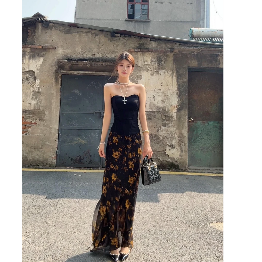 纯欲性感黄色玫瑰半身裙鱼骨背心女黑色辣妹修身显瘦短款上衣套装