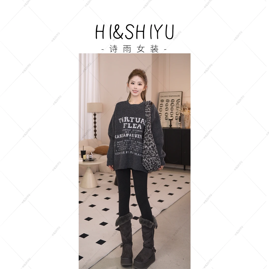 HISHIYU【美式画报】慵懒风字母提花圆领针织衫长袖宽松上衣松弛感