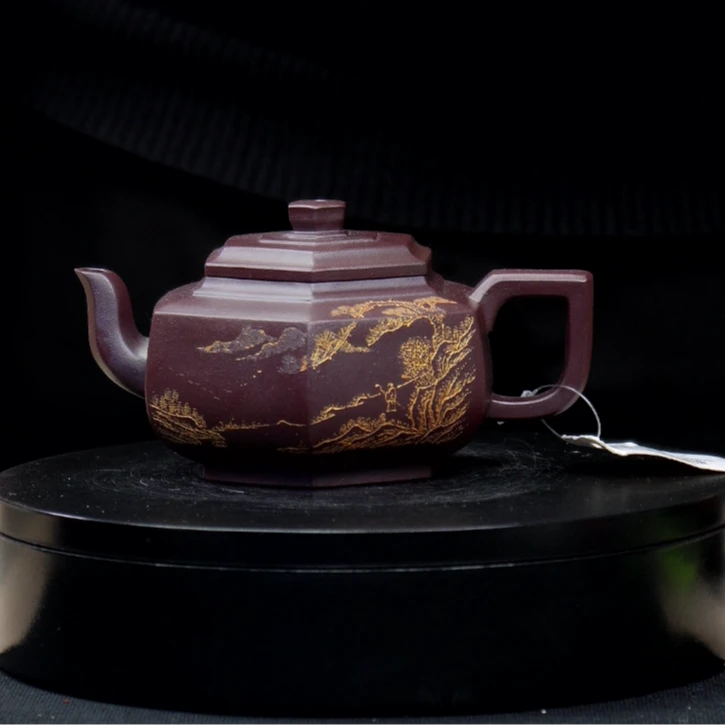 【一品紫砂甄选】刻绘天青六方雪华手工紫砂壶