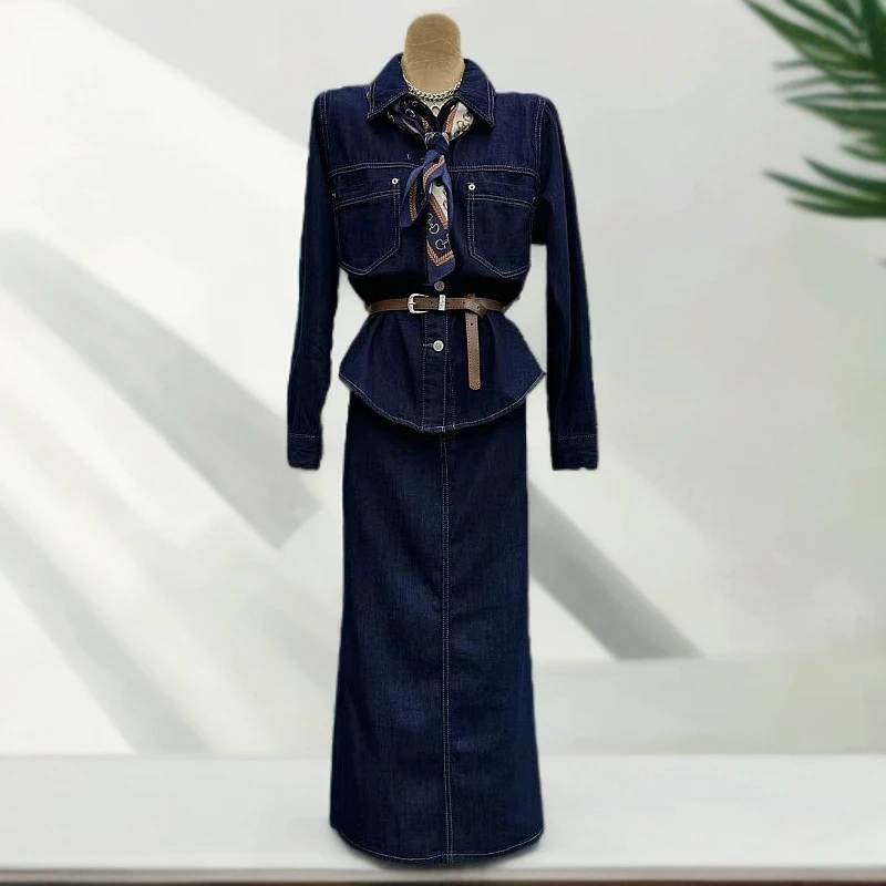 B6091秋季新款时尚配丝巾和腰带加绒衬衣+高腰半身长裙套装女