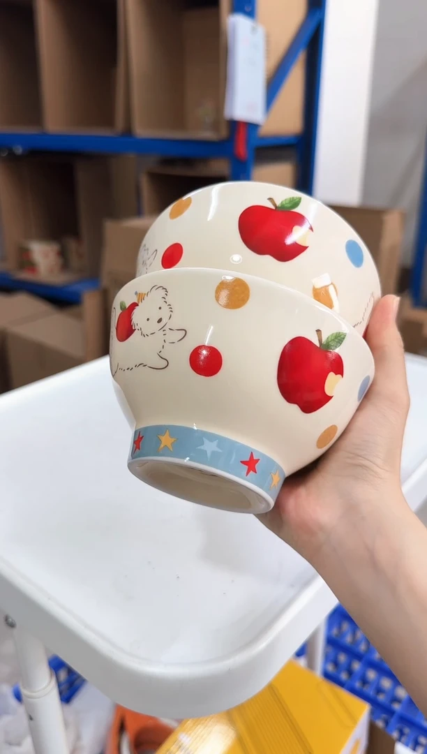 瓷片蓝底苹果米饭碗两只