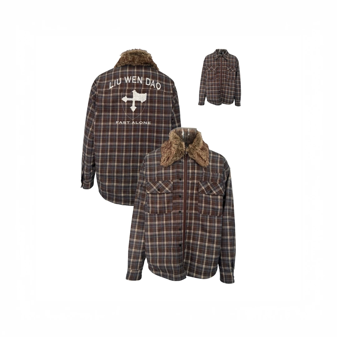 LIUWENDAO可拆卸三色毛领格纹印花棉服男款冬季衬衫外套