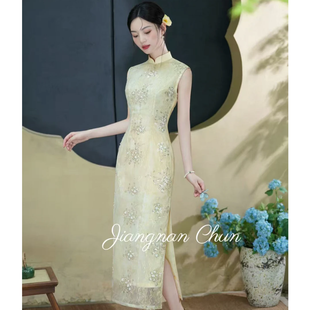 江南春原创【缎月织华】衣长120新中式重工钉珠改良气质旗袍连衣裙