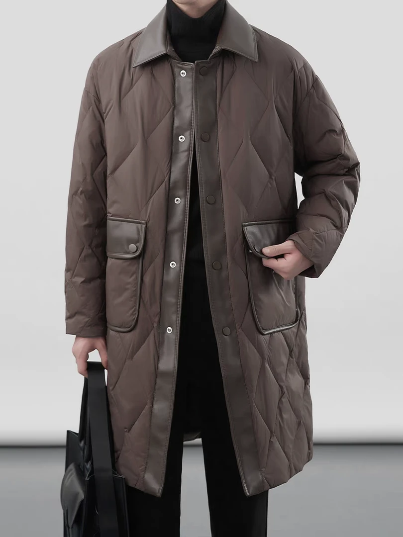 美拉德长款羽绒服男冬季宽松加厚设计感高级拼皮翻领外套7065