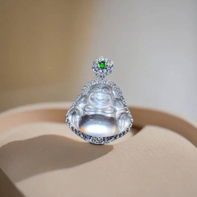 新品银s925银镶嵌石英质玉佛公吊坠