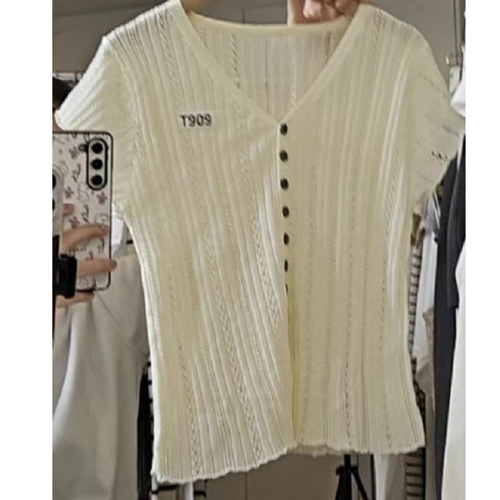 fl105纽扣短袖开衫