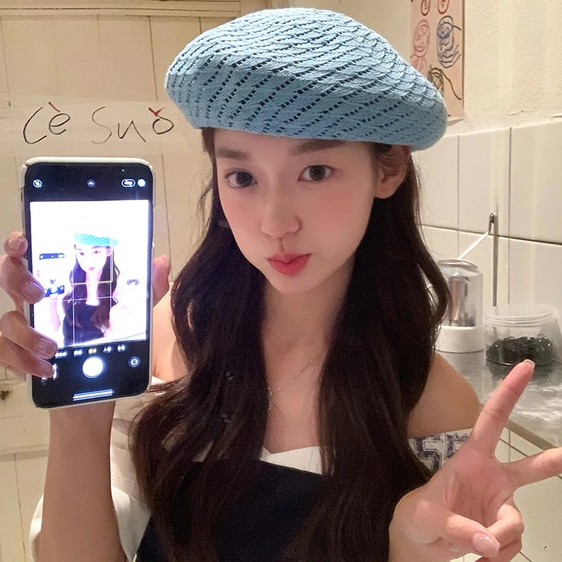 韩系百搭镂空贝雷帽女款2025新款薄款编织显脸小帽子时尚画家帽子