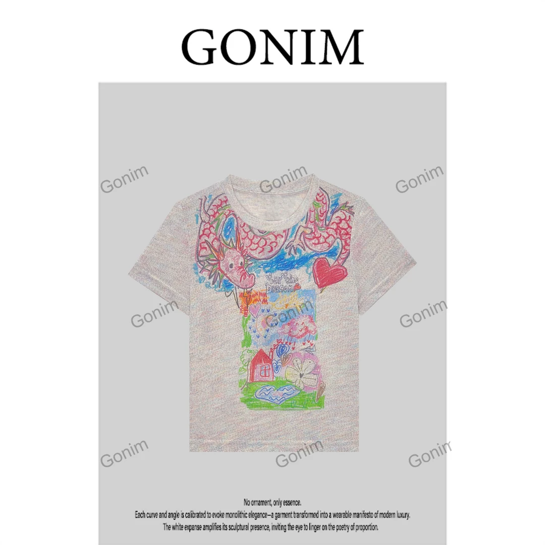 Gonim· "玫瑰的故事"2025夏季设计师减龄系印花撞色T恤上衣女