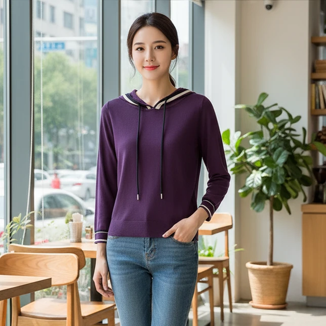 祥好服饰 时尚百搭气质套头天丝连帽针织衫 9801