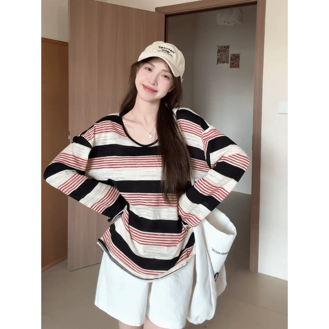 美式复古正肩V领条纹长袖t恤女春秋内搭打底衫外穿宽松显瘦上衣服