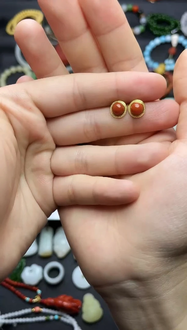 银S925镶嵌耳饰南红玛瑙蛋面耳钉06