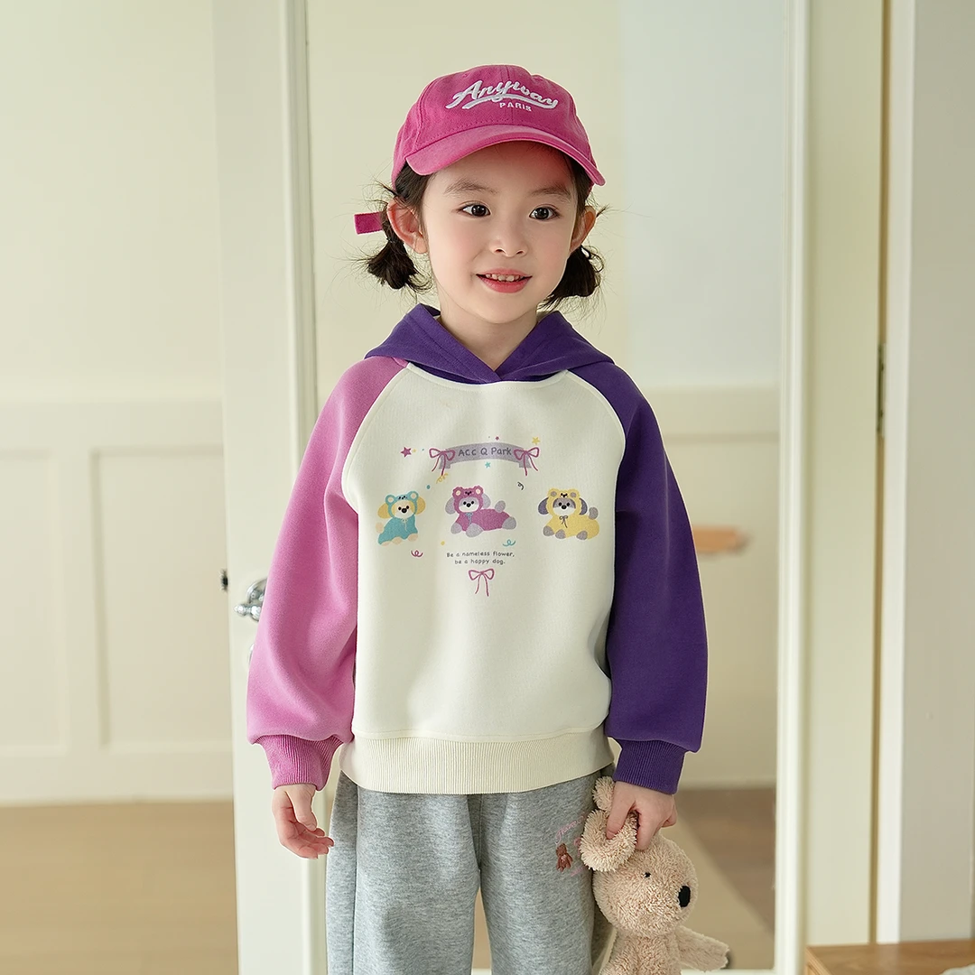 现货【趴趴熊】7561女童2025新款秋季卫衣洋气女宝卡通拼色连帽卫衣