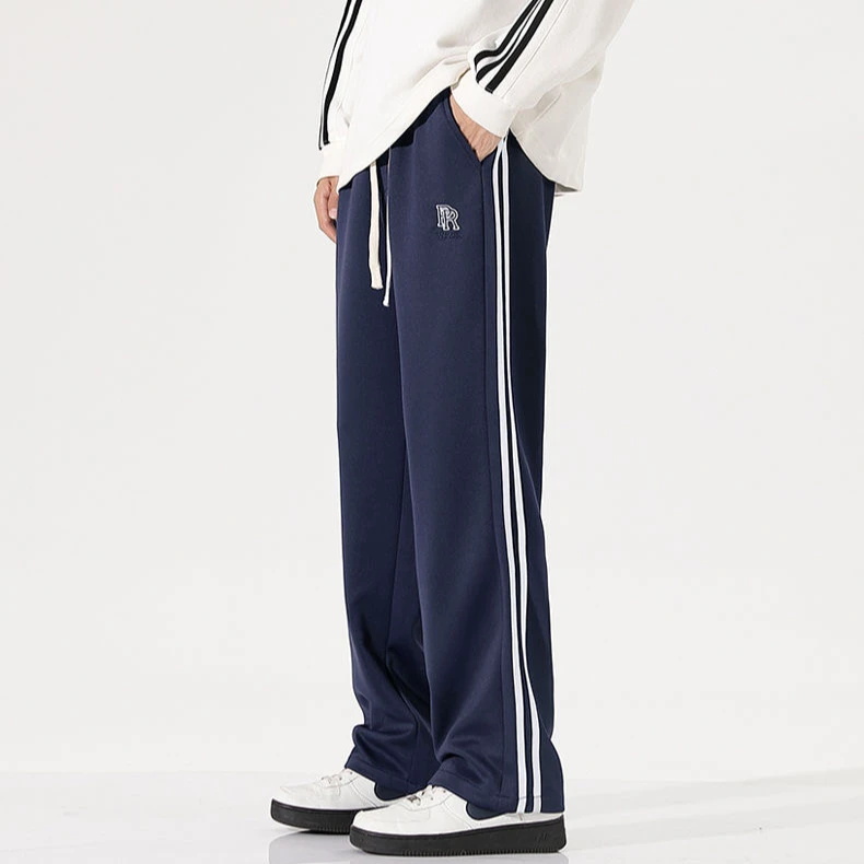 新款男裤宽松阔腿休闲裤秋冬厚款条纹卫裤直筒潮流针织弹力长裤子