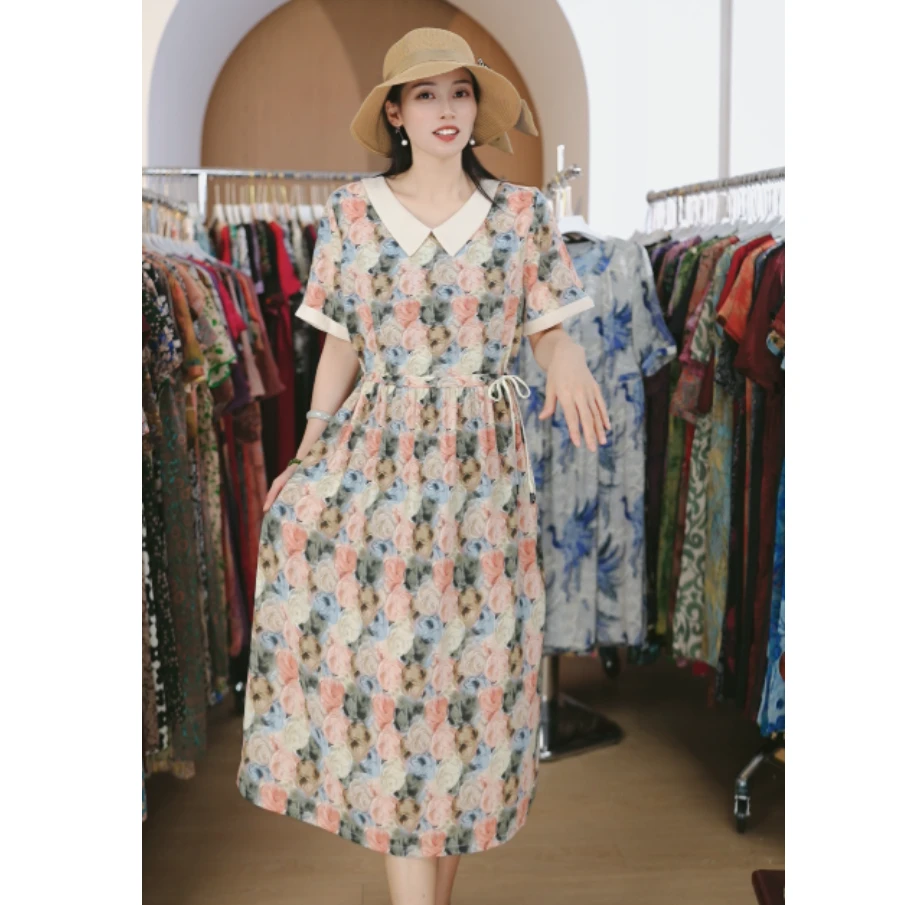 10012-连衣裙女中年夏季新款短袖显瘦口袋时尚气质过膝裙子【G仓】