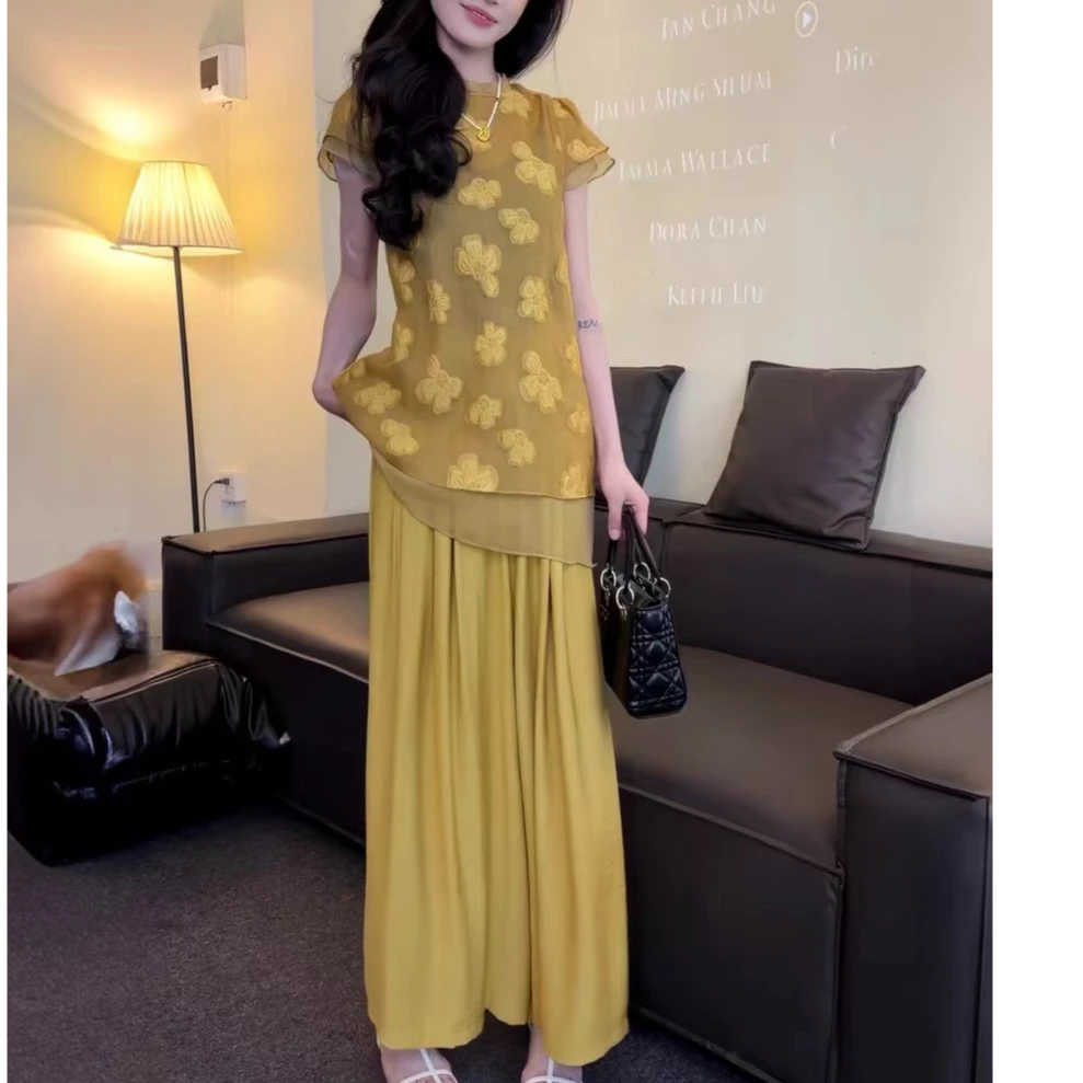 【嘎嘎.推荐】新中式刺绣提花短袖时尚气质百搭显瘦别致上衣+阔腿裤