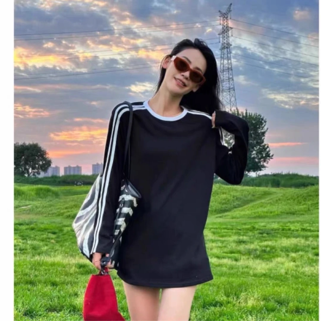 AB538韩版宽松百搭二条杠防晒衣长袖T恤女夏新款简约撞色上衣