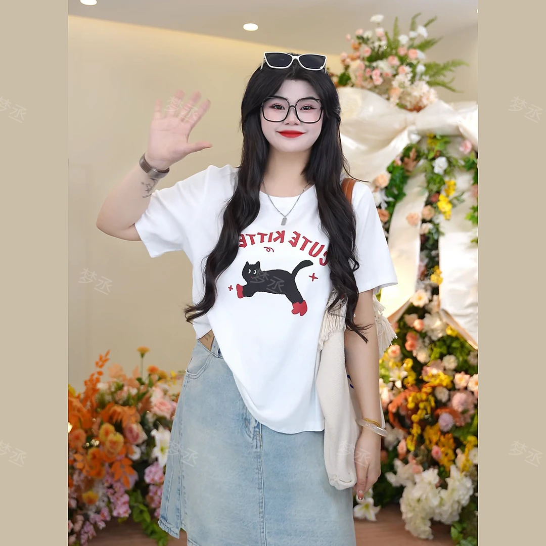 梦丞-胖mm大码女装字母卡通印花圆领短袖女款爆款2025新款上衣女