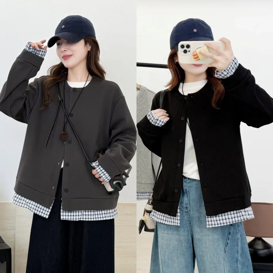 115-200斤大码女装胖mm秋冬装百搭休闲显瘦格子拼接加绒加厚外套