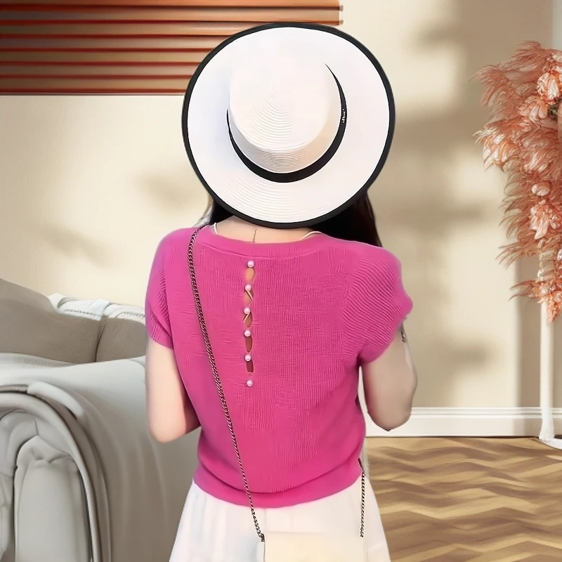 后背珍珠扣镂空薄款冰丝针织衫女减龄2025夏季轻奢洋气短袖上衣女