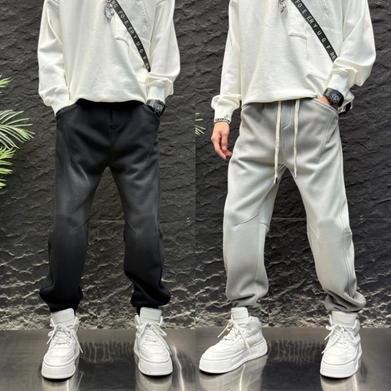 秋冬季加绒男款纯色春秋百搭加厚裤修身显瘦束脚裤潮流舒适休闲裤