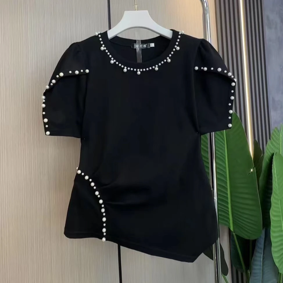 欧货时尚重工钉珠拼接泡泡袖设计褶皱工艺简约时尚圆领潮流上衣