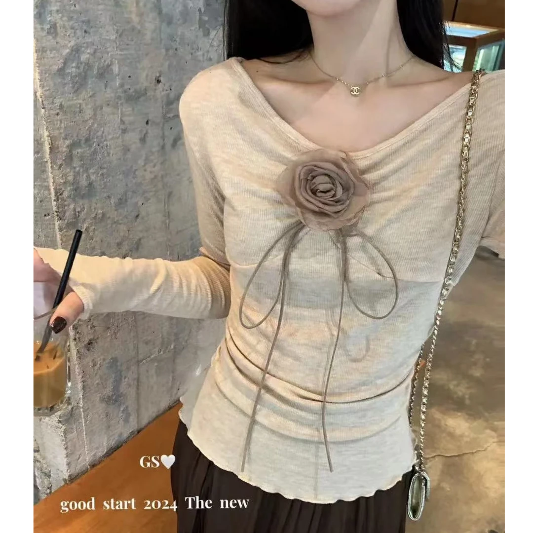 薄雾玫瑰春純欲感V领花朵显瘦小衫设计感褶皱收腰花边针织衫